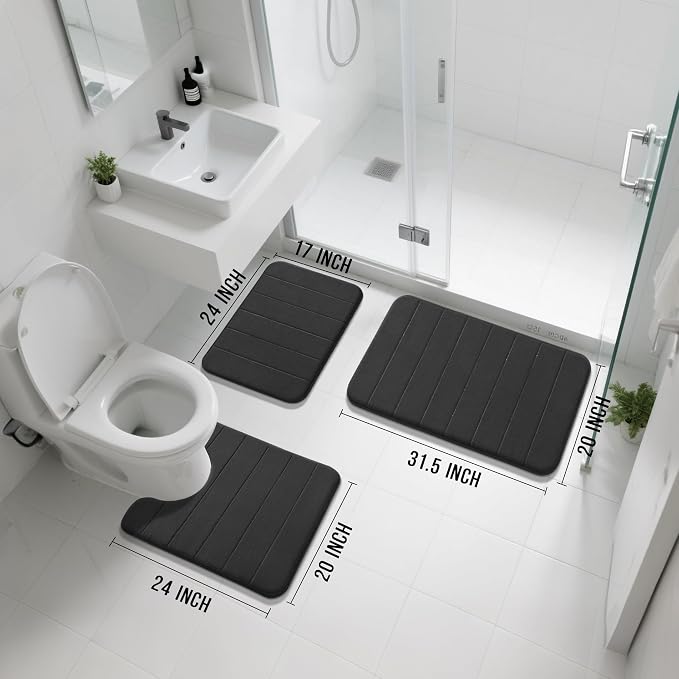 Yimobra Memory Foam Bath Mat Set 3 Pieces- Super Soft Absorbent Quick Dry Bathroom Rug Sets, Machine Washable Non Slip Floor Carpet for Tub Shower, Vanity & Toilet Base, Black