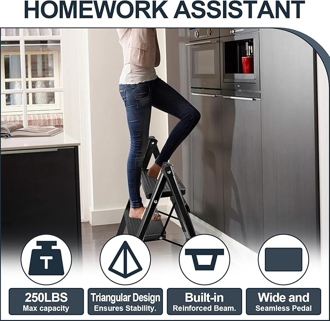 2-Step Ladder, Folding Step Stool for Kitchen/Closet/Garage, Sturdy & Lightweight Aluminum Handy Ladder, 250 lbs Capacity, Anti-Slip Pedals, Compact & Portable for Home DIY & Everyday Use