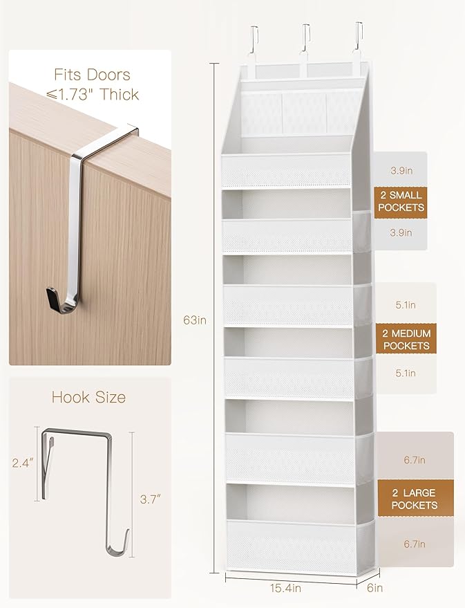 Criusia 2 Pack Over the Door Organizer, Heavy-Duty 6-Shelf Hanging Storage with 13 Mesh Pockets, 55lbs Capacity Behind the Door Storage for Nursery, Bathroom, Bedroom, and Dorm, White