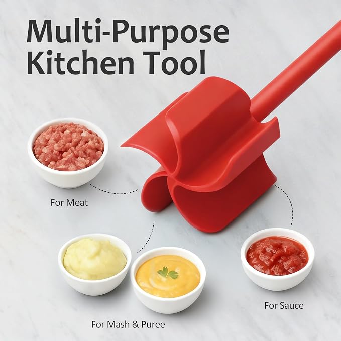 Ourokhome Meat Chopper and Potato Masher, Heat Resistant Nylon Ground Beef Smasher for Hamburger, 5 Curved Blades Nonstick Safe Mixer & Stirrer, Practical Kitchen Gadgets, Red