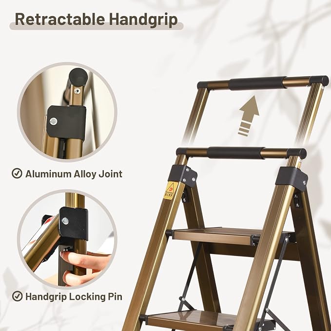 XinSunho 4 Step Ladder, Aluminum 4 Step Stool with Retractable Handrail and Anti-Slip Wide Pedal, Folding Stool Ladders 4 Steps, 330lbs Safety Household Slim Ladder
