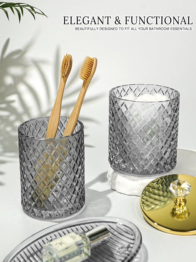 Haturi Gray Glass Bathroom Accessories Set, 4-Piece - Lotion Soap Dispenser, Toothbrush Holder, Cotton Swab Jar & Soap Dish – Elegant Gold Accent for Countertop & Housewarming Gift