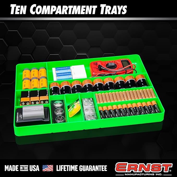 Ernst MFG 10 Compartment Drawer Organizer: Heavy Duty Stackable Tray for Automotive Tool Organization -Low Profile Toolbox - Nuts and Bolts, Tools, Parts, Easy to Clean - Black - Made in the USA