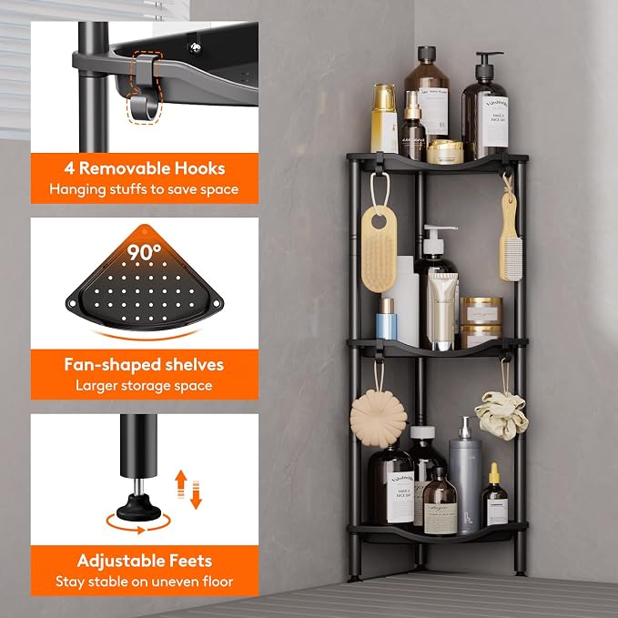 Lifewit Floor Standing Shower Caddy Corner, 3 Tier Plastic Shower Stand Rack with Adjustable Feet and Hooks, Rustproof Bathroom Shelf Organizer, Black, 34 x 24 x 75 cm/13 x 9.5 x 29.5 inch