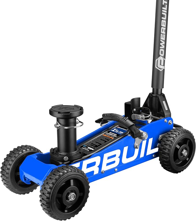 Powerbuilt 1.5 Ton Big Wheel Off Road Jack, Vehicle Lift for Trucks, SUVs, ATVs Offroad Vehicles, Oversized Wheels for Rugged Terrain, 3000 LB Capacity, Blue 620625ECE