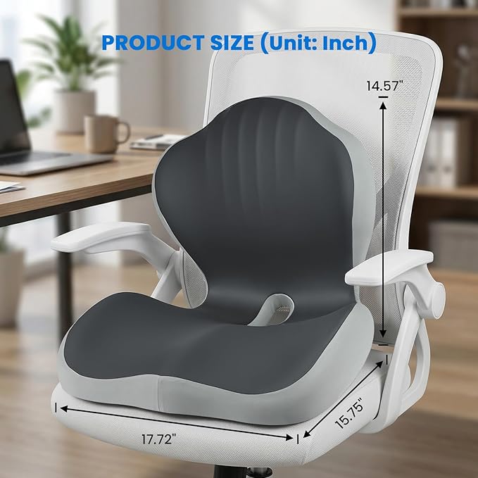 Ergonomic Seat Cushion for Tailbone Sciatica Lower Back Pain Relief, Gray L-Shaped Seashell Memory Foam Coccyx Hollow Cushion, 2-in-1 Lumbar Back Support Pillow for Office Gaming Car Chair