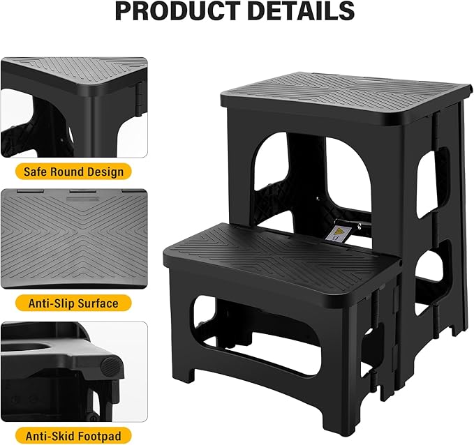 Folding 2-Step Stool for Adults, Non-Slip Collapsible Footstool for Office, Portable Bedside Step Stool, Hold up to 300 lbs, Lightweight & Foldable Step Ladder for Pool Office Home RV