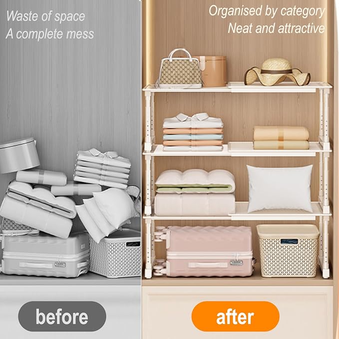 Expandable Cabinet Organizer Shelf, Adjustable Height Under Sink Storage Organizer, Shelf Riser for Kitchen, Bathroom, Wardrobe, Under Sink Counter(Beige) (2)