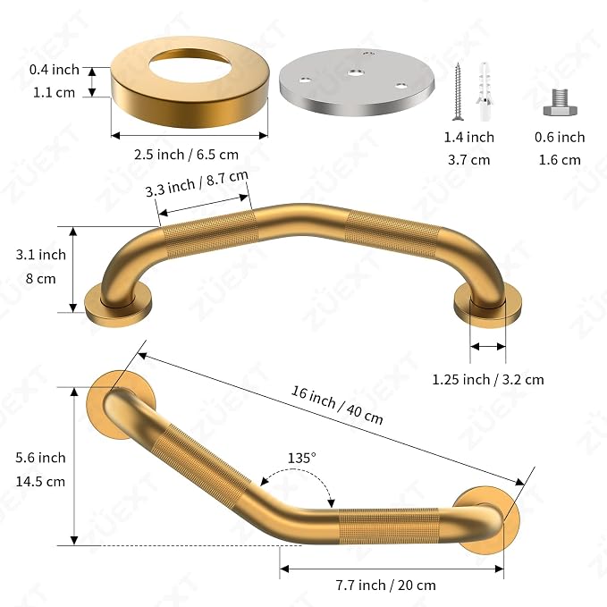 16 Inch Angled Grab Bar, ZUEXT Anti Slip Shower Grab Bar Handles, Brushed Gold Stainless Steel Knurled Bathroom Balance Bar, Safety Hand Rail Support for Handicap Elderly Injury Senior