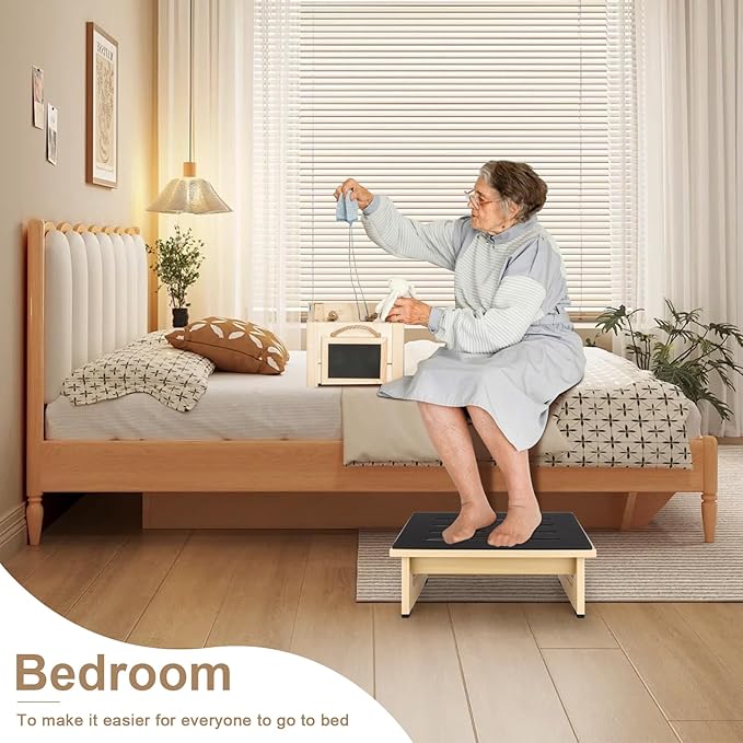 Step Stool, Bed Steps for High Beds for Adults with Non-Slip Rubber Stepping Surface and Handles, 450 LBS Capacity for Bedroom Kitchen Bathroom, or Bedside, Senior Support(Natural)