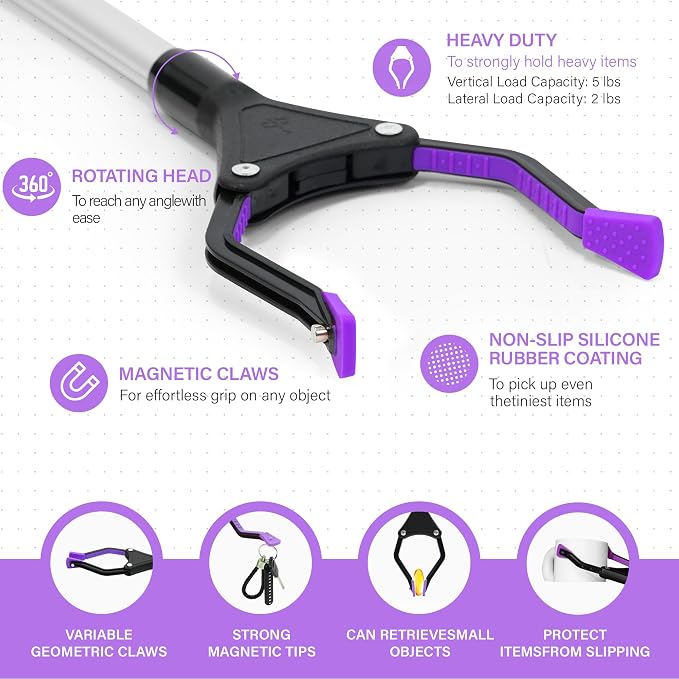 Upgrade 2-Pack Foldable 32" Grabber Reacher Tool, Lightweight Reacher Grabber Pickup Tool with 360° Rotating Jaw & Magnet, Reaching Tool for Trash Pick Up Stick, Litter Picker, Arm Extension (Purple)
