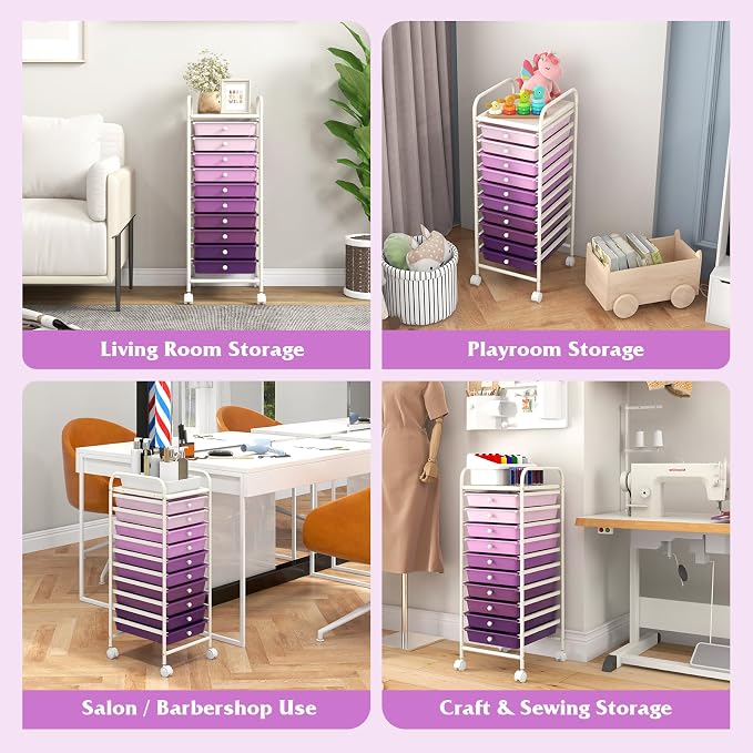 10-Drawer Rolling Storage Cart, Trolley w/Lockable 360° Wheels, 10 Removable PP Drawers, Sturdy Metal Frame, Rolling Utility Cart Perfect for Home, Office, Classroom (Gradient Purple)