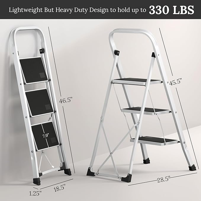 3-Step Ladder with Wide Anti-Slip Platform & Thick Rubber Feet | Heavy Duty Foldable & Portable | 330 lbs Capacity, Steel Frame, Rubber Handgrip, Folding Step Stool