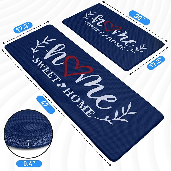 HappyTrends Kitchen Mat for Floor, 2PCS Cushioned Anti-Fatigue Kitchen Rugs, Waterproof Non-Slip Standing Mats and Rugs Set for Kitchen, Office, Laundry, Navy, 17.3"×30"+17.3"×47"