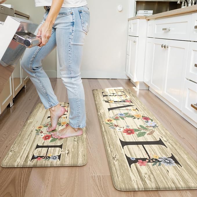 KIMODE Kitchen Floor Mats Cushioned Anti Fatigue,Farmhouse Floral Rugs Sets of 2,Memory Foam Carpet Non Slip,Long Sink Runner for Bathroom Laundry Office,Beige 17"x59"+17"x29"