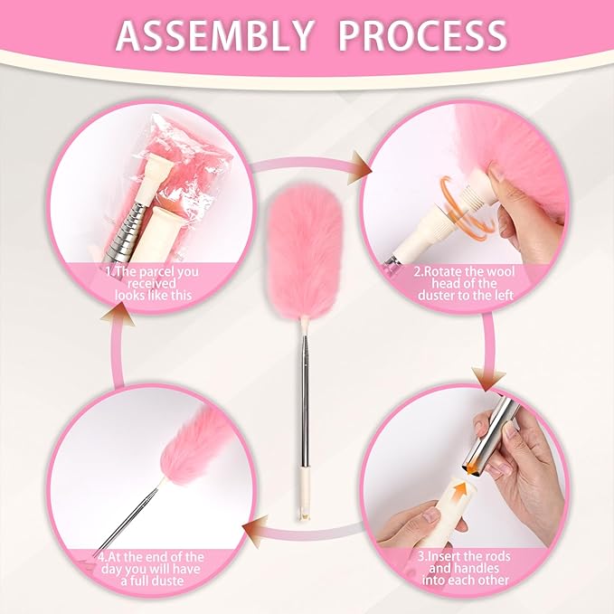 Extendable Lambswool Duster Stainless Steel Handle 133" Removable Feather Duster for Cleaning Ceiling Fans Interior Roof Furniture, Pink