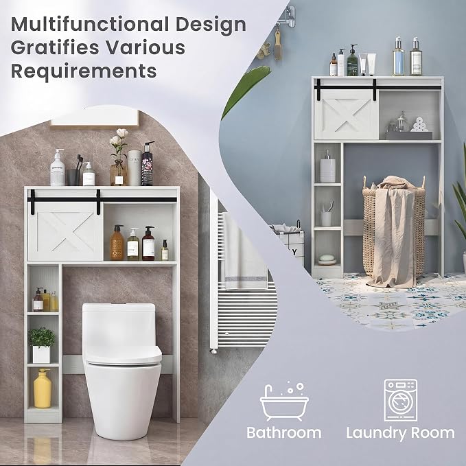 Giantex Over The Toilet Storage Cabinet - Freestanding Bathroom Organizer with Sliding Barn Door & Storage Shelves, Multifunctional Toilet Rack for Restroom, Laundry (White)