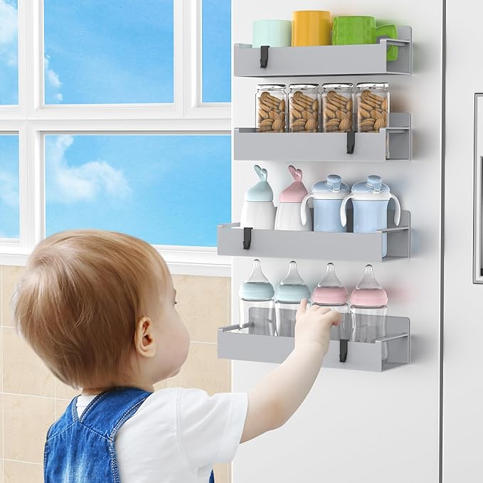 HuggieGems 4 Pack Magnetic Spice Rack Organizer for Refrigerator and Oven, Silver Fridge Organizers and Storage for Kitchen