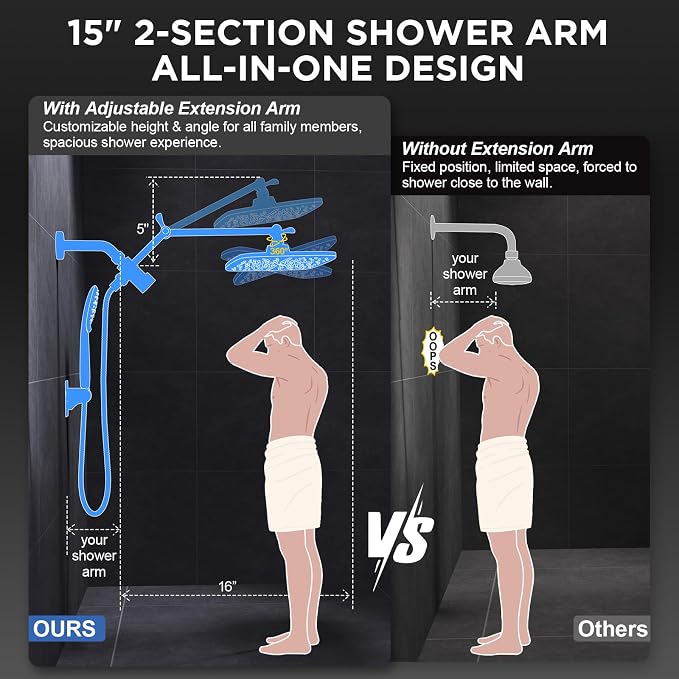 Veken 11.8" Brushed Nickel Rain Shower Head with Handheld, High Pressure Handheld Shower Heads with Multi Spray Modes,Rainfall Combo with 15" Metal Extension Arm,Detachable Dual Shower,Regaderas Para