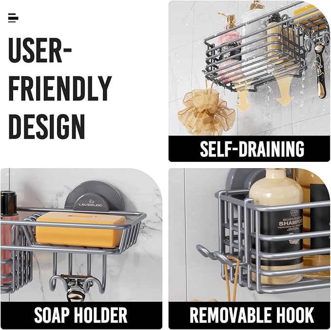 LEVERLOC Shower Caddy Suction Cup, 2 Pack Shelves for Inside with Hooks and Soap Organizer, NO-Drilling Bathroom Shelves, Rustproof Meatl Bathroom Holder, Grey