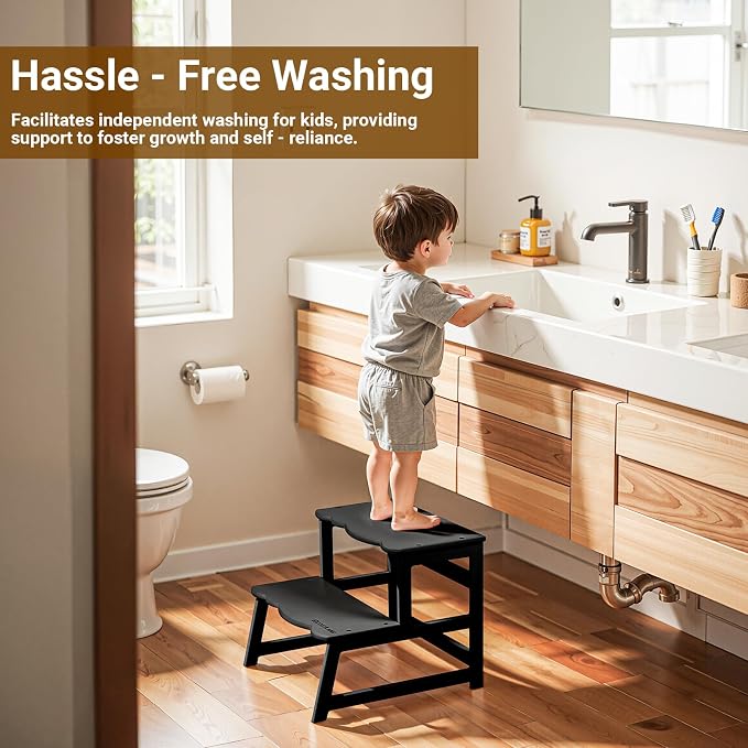 COSYLAND Toddler Step Stool with Armrest – Wooden Helper for Bathroom Sink, Potty, Kitchen, Bedroom – 300 lbs Load Capacity Ladder with Removable Anti-Fall Side Frame – Black
