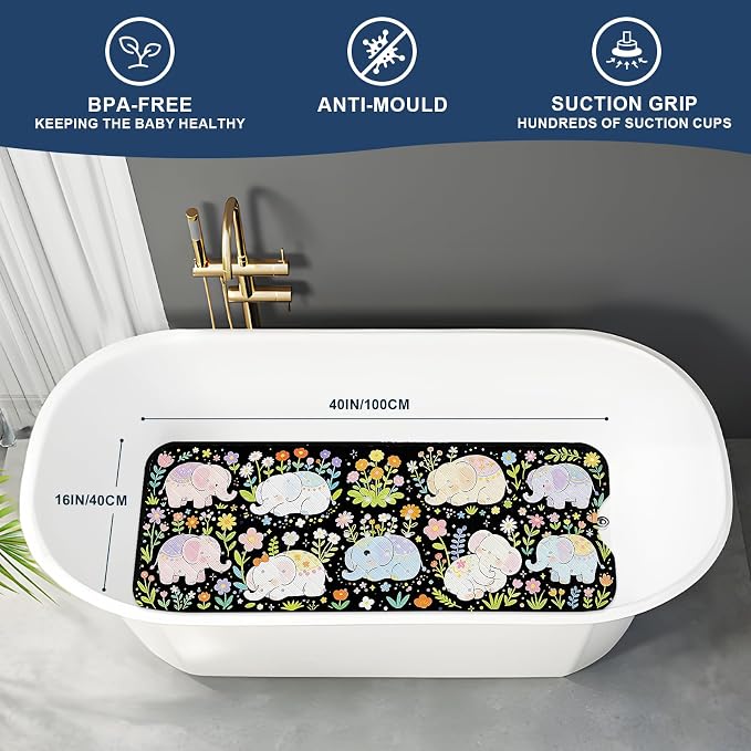 XIYUNTE Baby Bath Mat for Tub Non Slip Kids, BPA Free Extra Long Bathtub Mat 40x16 with Drain Holes and 200 Suction Cups, Non Toxic Machine Washable Toddler Bath Mat, Eco-Friendly Certified