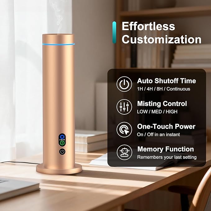 Maromalife Waterless Diffuser, Essential Oil Diffuser, 1000 Sq.Ft Coverage Scent Diffuser – Plug-in Only, Adjustable Mist, Remote, Mood Lights for Home & Office, Large Room, Hotel, Gold
