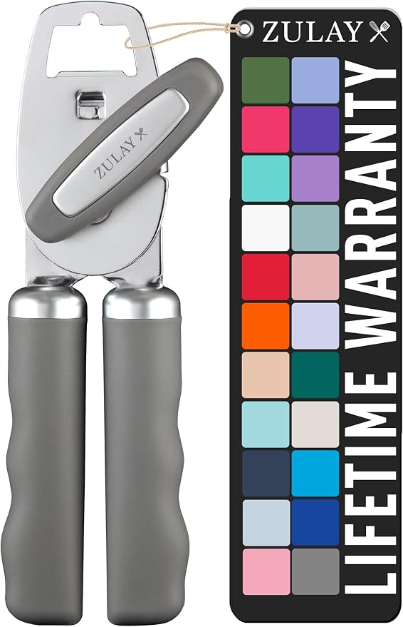 Zulay Kitchen Heavy Duty Stainless Steel Can Opener Manual with Bottle Opener - Rust Proof Manual Can Opener With Turn Knob & Comfy Soft Grip Handles - Light Gray