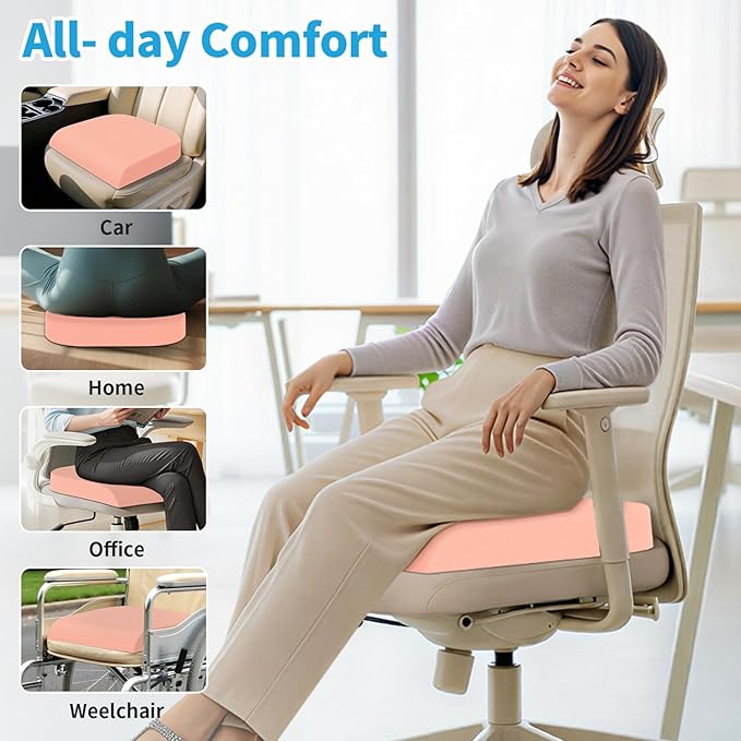TranquilRelax Large Seat Cushion, Memory Foam Cushion for Long Sitting Hours on Office Chair, Home & Car, Non-Slip Chair Pad for Relieving Back & Sciatica & Hip & Coccyx Pain (Pink)