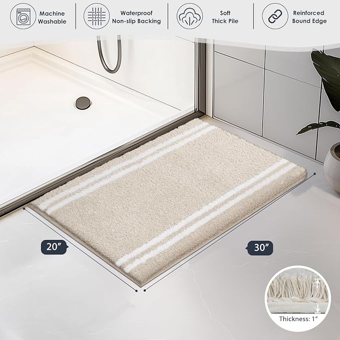 PURRUGS Bathroom Rug Non-Slip Machine Washable 20" x 30", Super Absorbent and Quick Dry Shaggy Microfiber Bath Mat, Extra Soft and Plush Bath Rug for Bathtub, Shower, and Sink, Beige