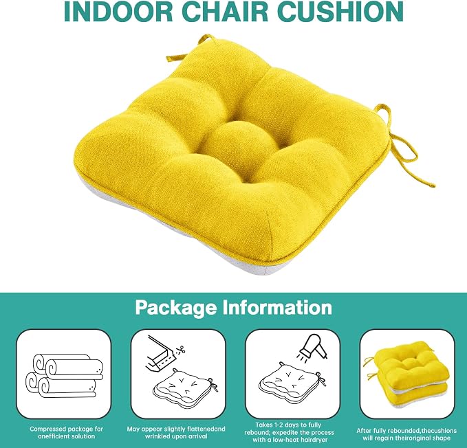 BETU Chair Cushions for Dining Chairs Set of 6,3.5" Thick Kitchen Table Chair Pads with Ties,Non Slip Backing and Covers, Seat Cushion for Dining Room,Bar,Patio Chairs,15.5"X15.5"X3.5",Gold
