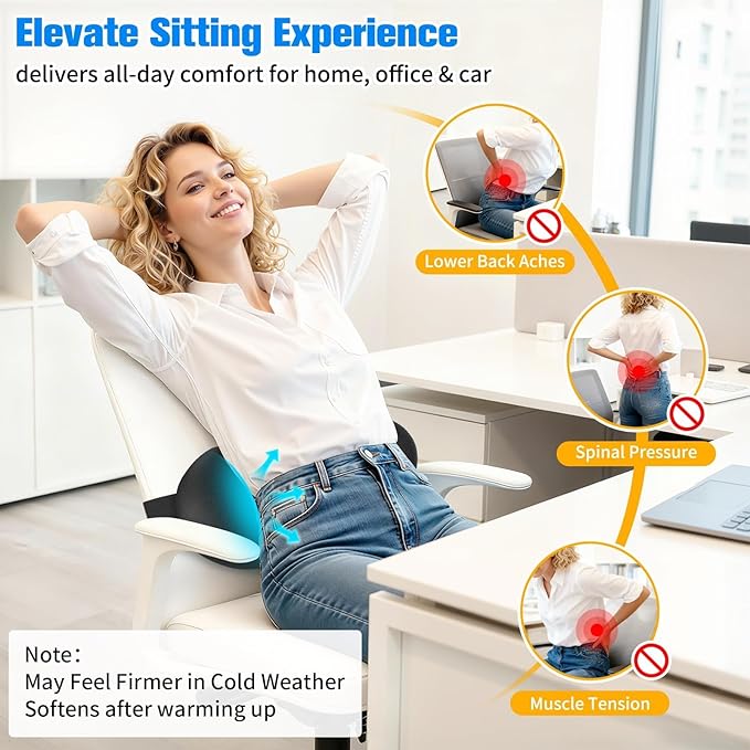 SweetSlubr Lumbar Support Pillow for Office Chair - Memory Foam Lumbar Pillow with Detachable Strap & Breathable Cover, Ergonomic Back Support for Office Chair, Car Seat Cushion, Bed Rest (Black)