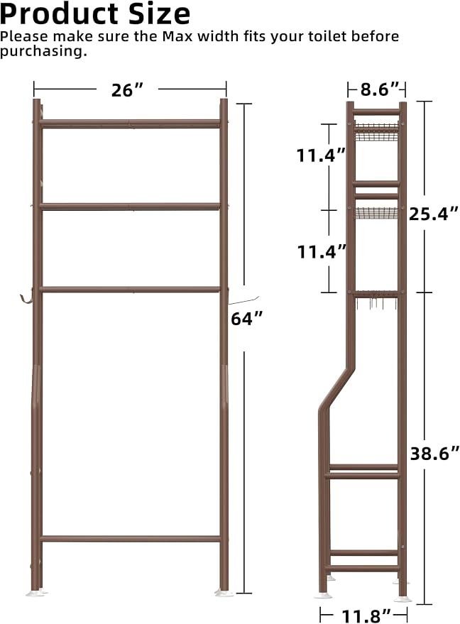 Livilord 3-Tier Over The Toilet Storage, Freestanding Metal Bathroom Shelves with 4 Hooks, Over Toilet Storage Shelf with Paper Holder, Above The Toilet Shelf for Bathroom Storage, Bronze
