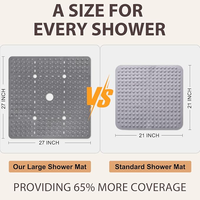 ZOESOE Square Shower Mat Non Slip: 27 x 27 Inches Large Shower Mats for Inside Shower, Soft TPE Shower Floor Mat with Suction Cups and Drain Holes, Machine Washable