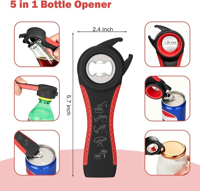 Jar Opener Set - 6-in-1 Adjustable Jar Opener Can Opener, 4-in-1 Bottle Opener Lid Opener & Rubber Jar Gripper, Multifunctional Kitchen Gadget for Seniors, Arthritis, Weak Hands (Red&Black)
