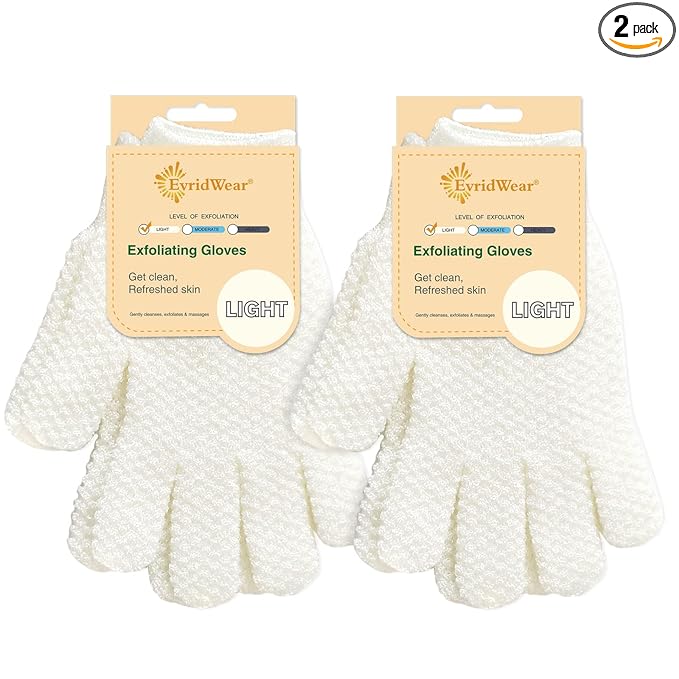 Evridwear Exfoliating Dual Texture Bath Gloves for Shower, Spa, Massage and Body Scrubs, Dead Skin Cell Remover, Gloves with Hanging Loop (2 Pairs Light)