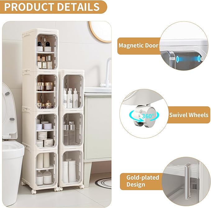 3-Tier Tall Narrow Storage Cabinet, Slim Bathroom Storage Cabinet with Adjustable Shelves and Wheels, Narrow Organizer for Small Space, Bathroom, Kitchen, Laundry, Cream White
