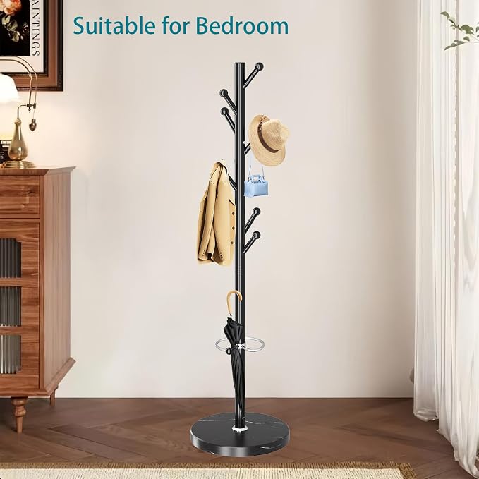 OIRUMIE Coat Rack with Natural Marble Base, Metal Coat Racks Freestanding, Modern Coat Rack Stand with 8 Hooks& Umbrella Holder, Black Coat Clothes Tree Hats Hanger Stand for Entryway, Hallway