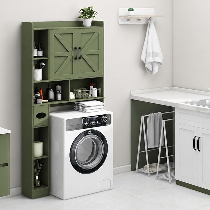 Vabches Over The Toilet Storage Cabinet, Farmhouse Storage Cabinet Over Toilet with 2 Barn Doors & Toilet Paper Holder Stand，Home Space-Saving Toilet Rack, for Bathroom, Restroom, Laundry. Green