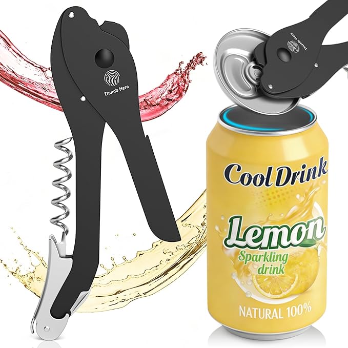 ikkle Topless Manual Soda Can Opener with Smooth Edge, 5-in-1 Multifunction Aluminum Pop-Top Can Lid Remover & Ring Pull Opener, Beer Bottle Opener, Wine Corkscrew & Foil Cutter