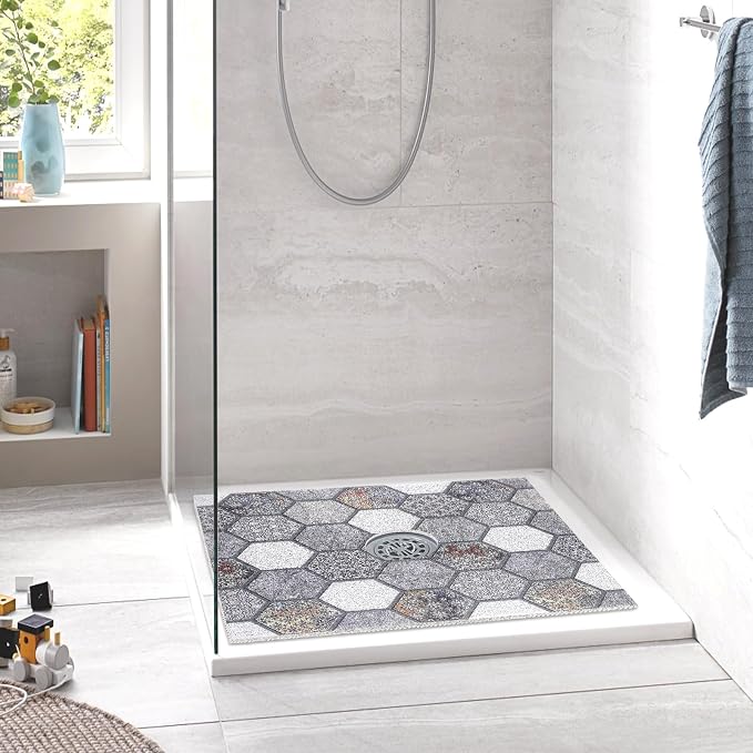 Square Shower Mat Non Slip: 36 x 36 Inch Extra Large Shower Mats with Drain Hole in Middle - PVC Loofah Anti Slip Shower Floor Matt for Inside Shower