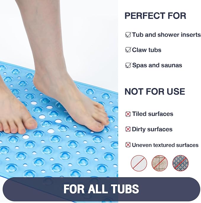 Extra Long Bathtub Mat Non Slip, Clear Blue Soft Bath Mat for Tub 40 x 16 Inch Full Size, Bath Tub Shower Mats for Bathroom Floor, Big Suction Cups and Drain Holes, Easy Washable, BPA Free