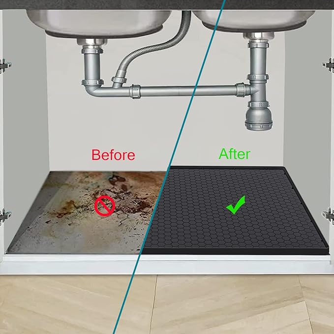 Under Sink Mat 25 x 19, Silicone Under Sink Mats for Kitchen Waterproof, Under Sink Liner, Easy to Clean Bathroom Cabinet Mat Organizers and Storage, Black