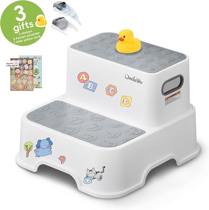 2-Pack Step Stool for Kids – Non-Slip Toddler Step Stool for Bathroom Sink & Potty Training – Heavy Duty 200 lbs, Includes Faucet Extender & Duck Bath Toys (Gray White)