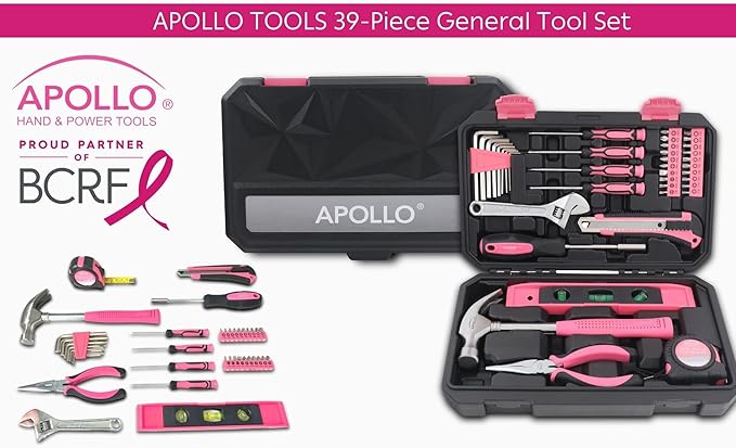 Apollo Tools 39 Piece General Household Tool Set in Toolbox Storage Case with Essential Hand Tools for Everyday Home Repairs, DIY and Crafts - Pink Ribbon - Pink - DT9711P