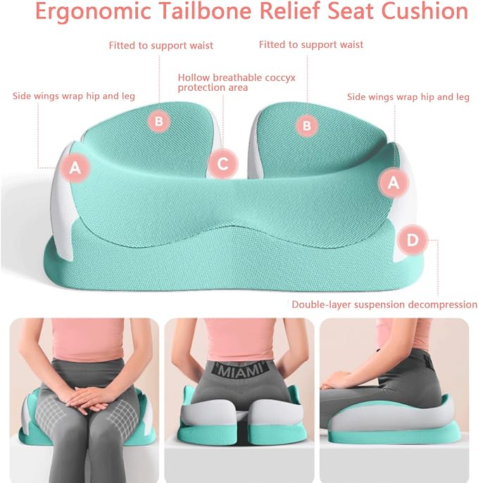 Seat Cushions for Office Chairs Wheelchair Cushion for Long Sitting Back Pain，Memory Foam Seat Car Computer Desk Chair Cushion，Coccyx Cushion for Tailbone Pain Relief Cushion Office Chair Green