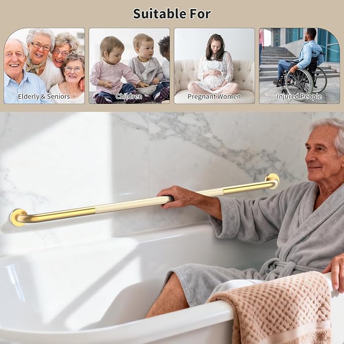 Brushed Gold Shower Grab Bar w/Anti-Slip Knurled Grip 2 Pack 47 Inch,YuanDe Stainless Steel Bathroom Grab Bars,Handicap Injury Elderly Senior Assist Support Shower Handle