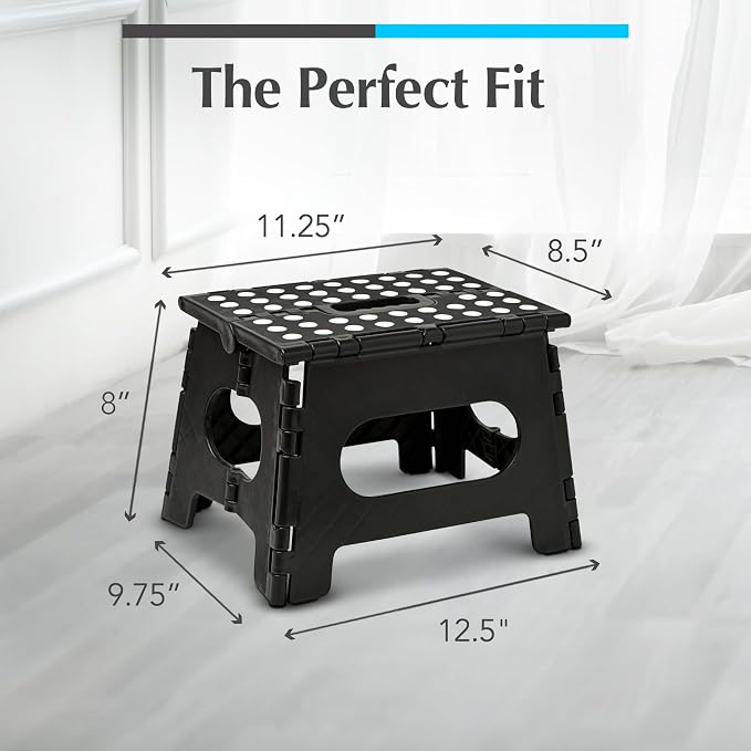 Handy Laundry Folding Lightweight Step Stool - Sturdy Enough to Support Adults - Opens Easy with One Flip - Great for Kitchen, Bathroom or Bedroom (Black - 8 Inch)
