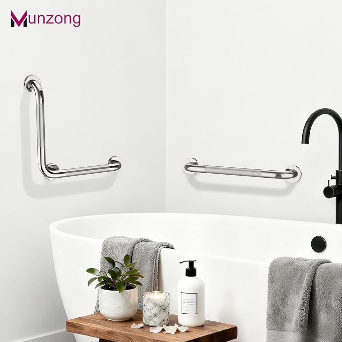 16 Inch Angled Bathroom Grab Bars with 20 Inch Straight Munzong Brushed Nickel Toilet Handicap Grab Rail for Showers,Anti Slip Stainless Steel Knurled Safety Handle Support Elderly Injury Senior