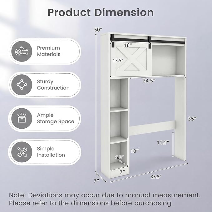 Giantex Over The Toilet Storage Cabinet - Freestanding Bathroom Organizer with Sliding Barn Door & Storage Shelves, Multifunctional Toilet Rack for Restroom, Laundry (White)
